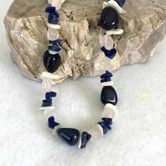 Sterling Silver 925 Sodalite Quartz MOP Blue Goldstone Beaded Necklace 17.5" - Picture 8 of 16